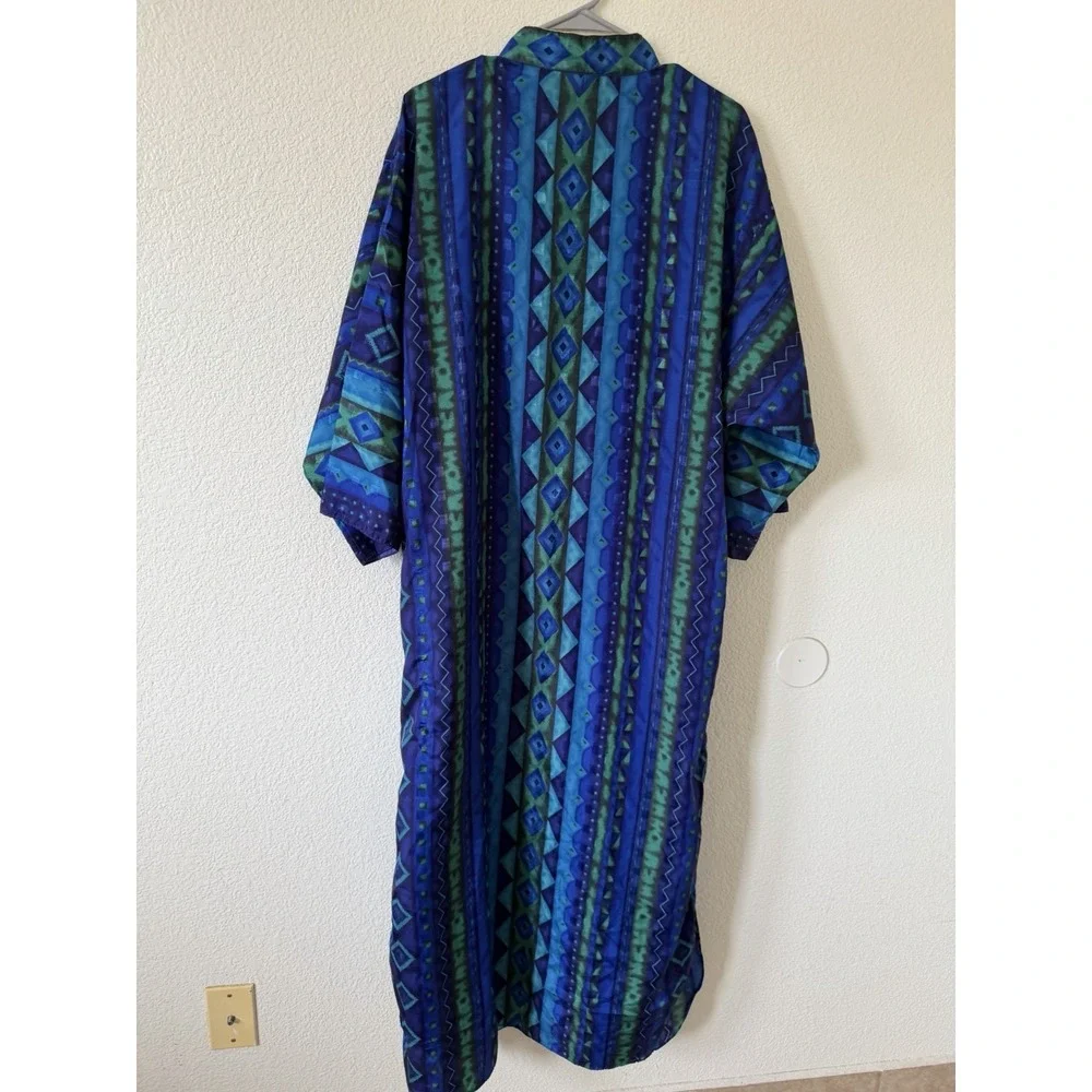Sante Classics Women M Blue Green Geometric Print Button Front Long Dress Zipper